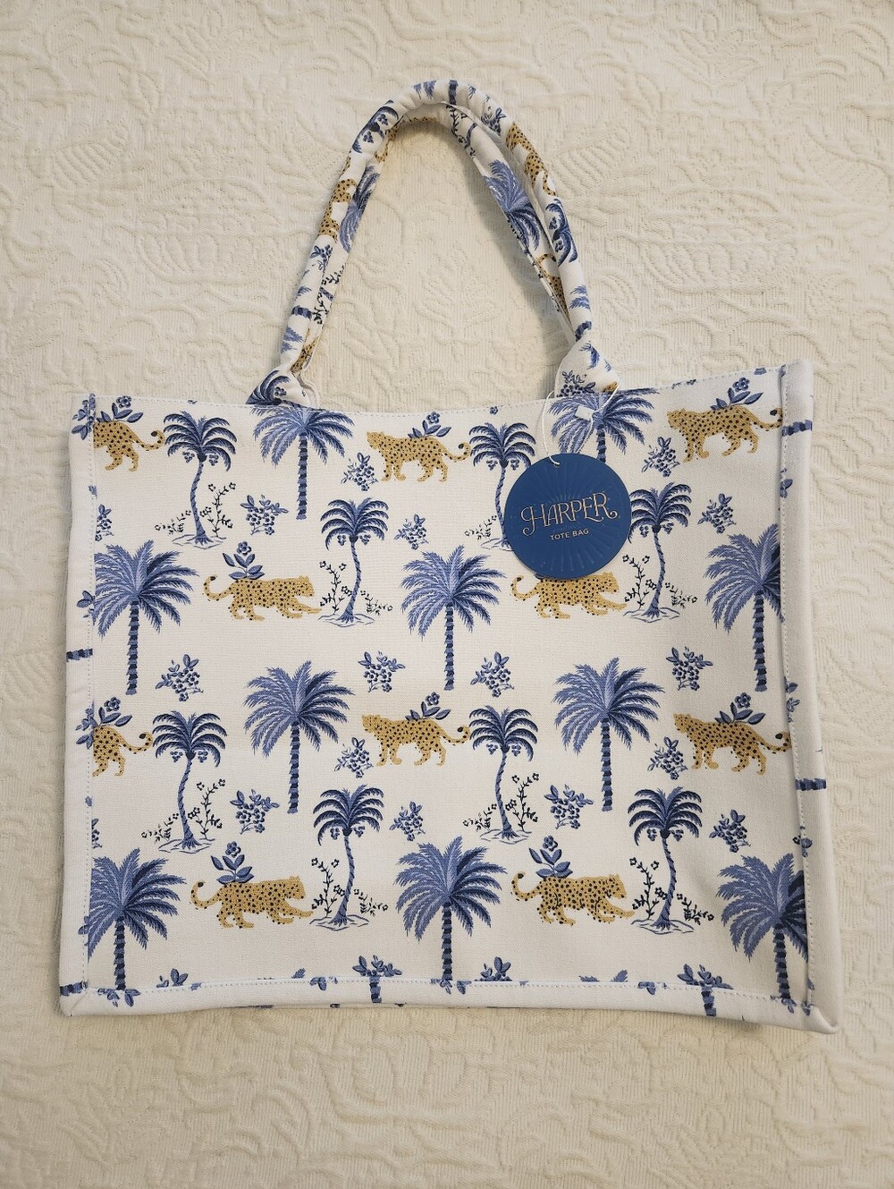 Harper White, Blue & Gold Leopard Palm Canvas Tote